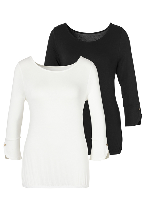 Bild: 3/4-Arm-Shirt von Vivance: Vivance 3/4-Arm-Shirts im 2er-Pack. Mit modischen Manschetten und goldfarbenen Knöpfen an den Abschlüssen. Gummizug am Bund für eine lockere Passform. Aus weich fließender Viskose-Elasthan-Qualität.