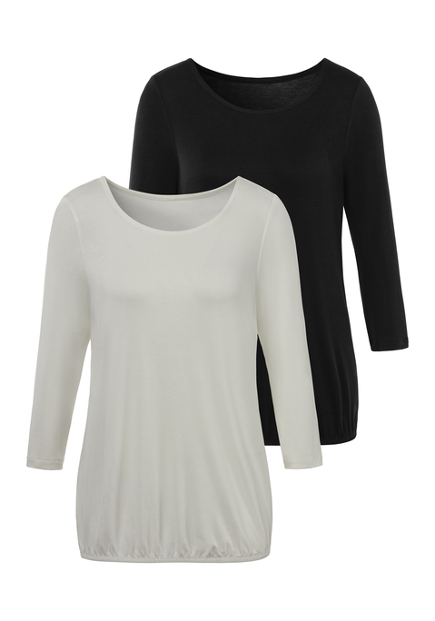 Bild: 3/4-Arm-Shirt von Vivance: Stylisches 3/4-Arm-Shirt im 2er-Pack von Vivance. Lockere Passform dank Gummizug im Bund. Passt gut zu schmalen Hosen. In weich fließender, elastischer Viskose-Qualität.