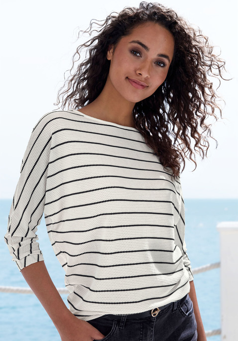 Bild: 3/4-Arm-Shirt von Vivance: 3/4-Arm-Shirt von Vivance. Strukturierte, hochwertige Qualität mit Querstreifen. Fledermausärmel. Locker fallende Passform. Rundhalsausschnitt. Aus Baumwoll-Viskose-Mix.