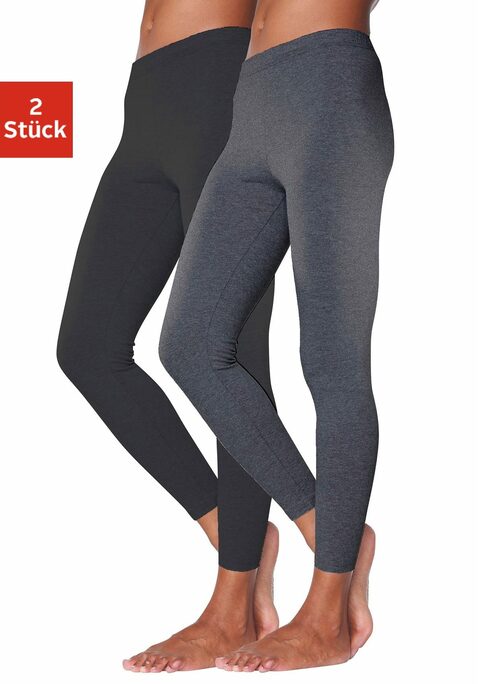 Bild: Leggings von Vivance active: Leggings von Vivance im praktischen 2er Pack. Figurbetonte Passform. Elastisches Material: 95% Baumwolle, 5% Elasthan. Graumeliert und Anthrazitmeliert: 60% Baumwolle, 35% Polyester, 5% Elasthan.