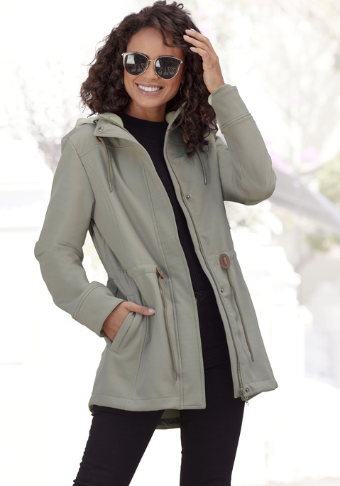 Bild: Softshelljacke von Vivance active: Softshelljacke von Vivance Active. Kapuze mit Kordel. Regulierbare Taille mit Tunnelzug. Verdeckter Zipper. Ärmelsaum mit Bündchen. Reguläre Passform, hinten etwas länger geschnitten. Funktionales Softshell-Material mit weichem Griff.