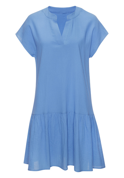 Bild: Blusenkleid von Vivance: Modisches Blusenkleid von Vivance. Besonderheit: der V-Ausschnitt und die kurzen, überschnittenen Ärmel. Überzeugt durch seine lockere Kaftan-Passform und den Volant am Rockteil. Aus strukturierter Baumwolle.