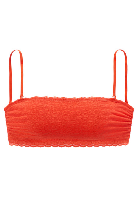 Bild: Bralette-BH von Vivance: Bandeau-Bralette ohne Bügel. Rundherum aus elastischer Spitze im zartem Leo-Design. Seitliche Stäbchen und ein innenliegendes, feines Silikonband sorgen für besseren Halt. Auch ohne Träger tragbar. Kein Rückenverschluss. Träger verstellbar. Aus 58% Polyamid, 30% Polyester, 12% Elasthan.