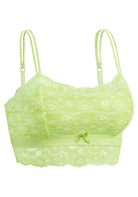 Bild: Bralette-BH von Vivance: Verspieltes Bralette-Top in leichter Longform mit feiner Zierschleife vorne mittig. Rundherum aus zarter, blumiger Spitze. Mit breitem Unterbrustgummi und dekorativen Spaghettiträgern. Individuell verstellbare Träger sowie Rückenverschluss. Passende Unterteile aus der gleichen Serie erhältlich. Reizwäsche. Verführerische Dessous. Spitzen-Dessous. Romantische Dessous. Verspielte Dessous.
 Aus 86% Polyamid, 14% Elasthan.