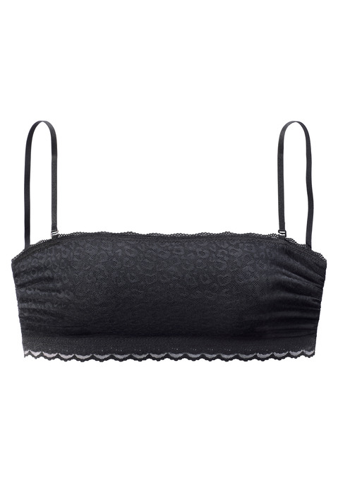 Bild: Bralette-BH von Vivance: Bandeau-Bralette ohne Bügel. Rundherum aus elastischer Spitze im zartem Leo-Design. Seitliche Stäbchen und ein innenliegendes, feines Silikonband sorgen für besseren Halt. Auch ohne Träger tragbar. Kein Rückenverschluss. Träger verstellbar. Aus 58% Polyamid, 30% Polyester, 12% Elasthan.