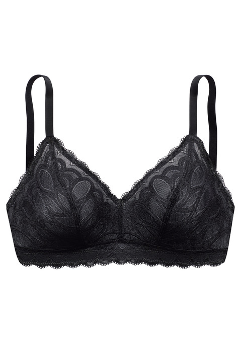 Bild: Bralette-BH von Vivance: Ohne Bügel mit Spitze vorne, Cups mit Mesh unterlegt. Rücken aus Mesh. Träger und Rückenverschluss verstellbar. Aus 93% Polyamid, 7% Elasthan.