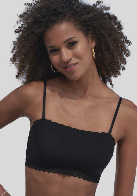 Bild: Bralette-BH von Vivance: Bandeau-Bralette ohne Bügel. Rundherum aus elastischer Spitze im zartem Leo-Design. Seitliche Stäbchen und ein innenliegendes, feines Silikonband sorgen für besseren Halt. Auch ohne Träger tragbar. Kein Rückenverschluss. Träger verstellbar. Aus 58% Polyamid, 30% Polyester, 12% Elasthan.