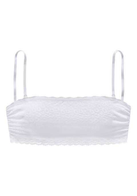 Bild: Bralette-BH von Vivance: Bandeau-Bralette ohne Bügel. Rundherum aus elastischer Spitze im zartem Leo-Design. Seitliche Stäbchen und ein innenliegendes, feines Silikonband sorgen für besseren Halt. Auch ohne Träger tragbar. Kein Rückenverschluss. Träger verstellbar. Aus 58% Polyamid, 30% Polyester, 12% Elasthan.