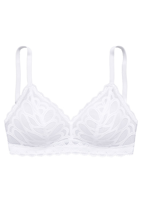 Bild: Bralette-BH von Vivance: Ohne Bügel mit Spitze vorne, Cups mit Mesh unterlegt. Rücken aus Mesh. Träger und Rückenverschluss verstellbar. Aus 93% Polyamid, 7% Elasthan.