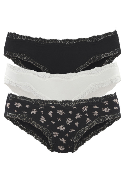 Bild: Brasilslip von Vivance: Brasilslips von Vivance im praktischen 3er-Pack. Mit süßem Streublümchenmuster und unifarben. Zarte Spitze als Saumabschluss. Weicher, elastischer Baumwolljersey.