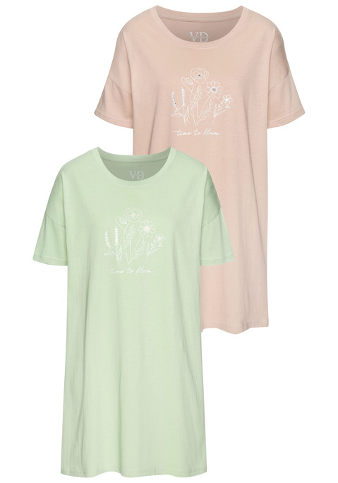 Bild: Bigshirt von Vivance Dreams: Im 2er-Pack: Bigshirt von Vivance Dreams mit süßem Print auf der Vorderseite. Überschnittene Schultern, kurze Ärmel und Rundhalsausschnitt. Angenehme Baumwollqualität für weichen Tragekomfort.