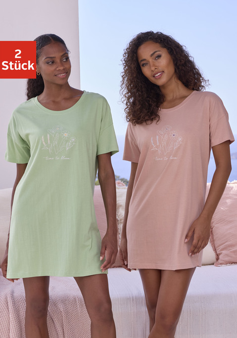 Bild: Bigshirt von Vivance Dreams: Im 2er-Pack: Bigshirt von Vivance Dreams mit süßem Print auf der Vorderseite. Überschnittene Schultern, kurze Ärmel und Rundhalsausschnitt. Angenehme Baumwollqualität für weichen Tragekomfort.