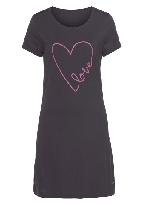 Bild: Bigshirt von Vivance Dreams by Lascana: Bigshirt von Vivance Dreams. Bequeme Passform mit Rundhalsausschnitt und kurzen, umgeschlagenen Ärmeln. Mit Herz-Print vorn. Vielseitig kombinierbar. Single-Jersey Qualität  aus 50% Viskoe, 50% Baumwolle ( (Mit jedem Kauf eines Artikels aus Cotton made in Africa unterstützt Du die Initiative))