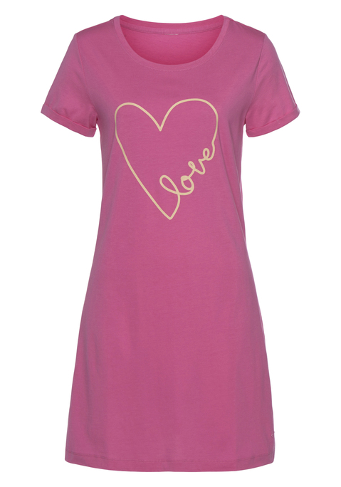 Bild: Bigshirt von Vivance Dreams by Lascana: Bigshirt von Vivance Dreams. Bequeme Passform mit Rundhalsausschnitt und kurzen, umgeschlagenen Ärmeln. Mit Herz-Print vorn. Vielseitig kombinierbar. Single-Jersey Qualität  aus 50% Viskoe, 50% Baumwolle ( (Mit jedem Kauf eines Artikels aus Cotton made in Africa unterstützt Du die Initiative))