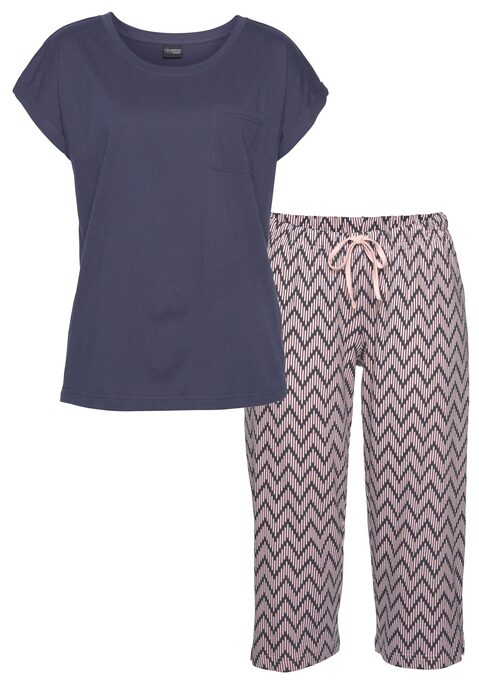 Bild: Capri-Pyjama von Vivance Dreams by Lascana: Vivance Dreams Capri-Pyjama mit grafischem Druck. Unifarbenes Kurzarmshirt mit angeschnittenen Ärmeln, Rundhalsausschnitt und aufgesetzter Brusttasche. Allover bedruckte Caprihose mit elastischem Tunnelzugbund. Obermaterial: 100% Baumwolle (unterstützt Cotton made in Africa)