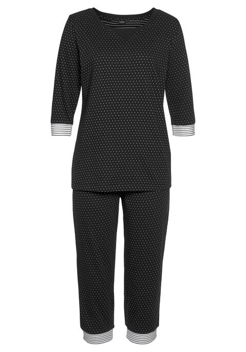 Bild: Capri-Pyjama von Vivance Dreams by Lascana: Gepunktetes Shirt mit 3/4-langen Ärmeln und rundem Ausschnitt. Caprihose mit elastischem Bund.  Aus 90% Baumwolle (unterstützt Cotton made in Africa), 10% Polyester.