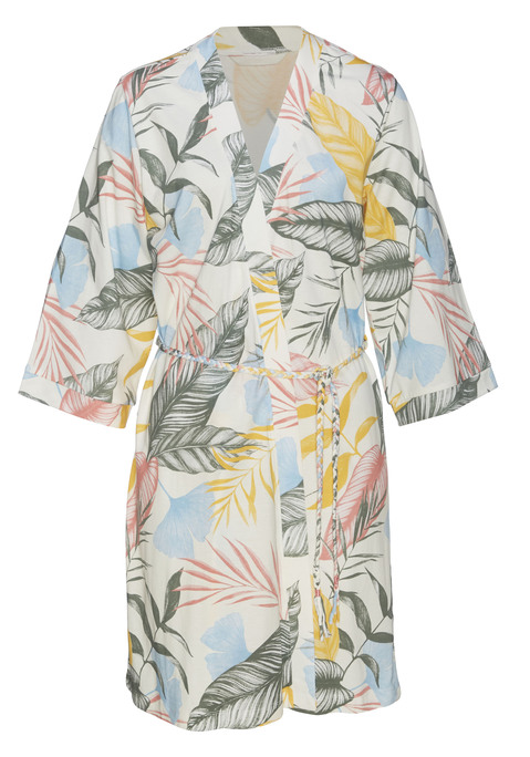 Bild: Kimono von Vivance Dreams by Lascana: Exotischer Kimono von Vivance Dreams. Mit schmalen Ärmeln und Blende an der vorderen Kante. Bindegürtel in Form von Braids als stylisches Detail. Single-Jersey-Qualität aus Baumwoll-Viskosemix.