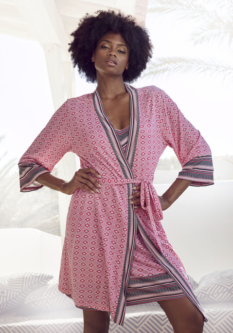 Bild: Kimono von Vivance Dreams by Lascana: Kimono von Vivance Dreams. Im schönem Ethno-Muster und Kontrastblenden. Mit 3/4-Ärmeln und Bindeband für eine taillierte Passform. Weiche Single-Jersey-Qualität aus Viskose.