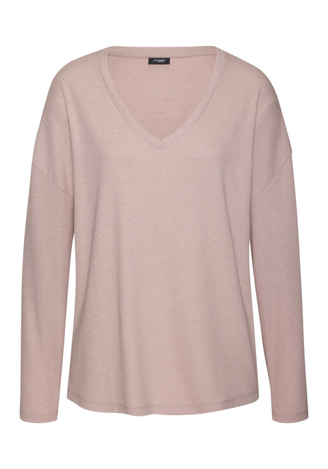 Bild: Langarmshirt von Vivance Dreams by Lascana: Weiches Lounge-Langarmshirt von Vivance Dreams. Tiefer V-Ausschnitt mit Kante. Bequeme Passform. Pflegeleichte, elastische Feinripp-Qualität mit Viskoseanteil.