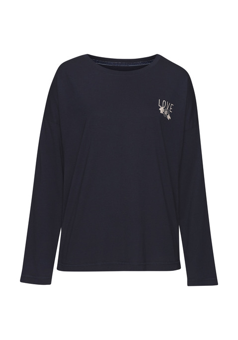 Bild: Langarmshirt von Vivance Dreams by Lascana: Langarmshirt mit Love-Aufdruck und R.undhalsausschnitt.  Überschnittene Schultern. Weit geschnitten. Aus 50% Baumwolle, 50% Viskose.