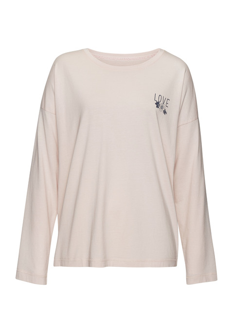 Bild: Langarmshirt von Vivance Dreams by Lascana: Langarmshirt mit Love-Aufdruck und R.undhalsausschnitt.  Überschnittene Schultern. Weit geschnitten. Aus 50% Baumwolle, 50% Viskose.