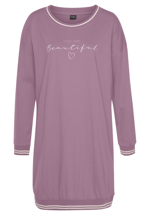 Bild: Nachthemd von Vivance Dreams by Lascana: Nachthemd von Vivance Dreams. Mit großem Schriftzugprint vorn. Gestreifte Rippabschlüsse. Rundhalsausschnitt. Überschnittene Schultern. Lange Ärmel. Weiche Single-Jerseyqualität aus 100% Baumwolle.