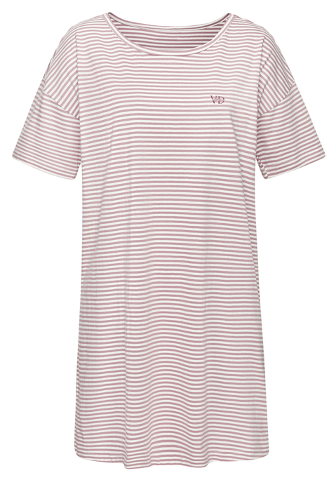 Bild: Nachthemd von Vivance Dreams by Lascana: Quer gestreiftes Bigshirt von Vivance Dreams. Rundhalsausschnitt, überschnittene Schulter und kurze Ärmel. Kleine Logostickerei auf der Brust. Locker geschnitten. Trageangenehmer Jersey aus Baumwolle.