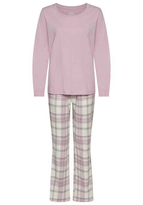Bild: Pyjama von Vivance Dreams by Lascana: Komfortabler Schlafanzug von Vivance Dreams. Unifarbenes Langarmshirt aus Single-Jersey. mit kleinem Brustprint und Rundhalsausschnitt. Rippbündchen am Halsausschnitt und an den Ärmeln. Karierte Hose. Elastischer Kordelzugbund. Seitliche Eingrifftaschen. Weicher Flanell.