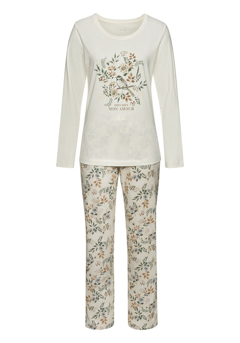 Bild: Pyjama von Vivance Dreams by Lascana: Modischer Pyjama von Vivance Dreams. Schlafshirt mit langen Ärmeln, Rundhalsausschnitt und floralem Aufdruck vorn. Bequeme Hose im Allover-Blumenprint mit elastischem Tunnelzugbund und praktischen Eingrifftaschen. Weicher Single-Jersey aus 50% Baumwolle, 50% Viskose.