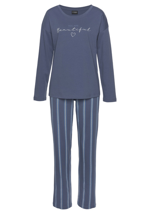 Bild: Pyjama von Vivance Dreams by Lascana: Schlafanzug von Vivance Dreams. Langarmshirt mit Wordingprint vorn. Rundhalsausschnitt. Überschnittene Schultern. Gestreifte Hose mit elastischem Tunnelzugbund. Weiche Single-Jerseyqualität aus 100% Baumwolle.