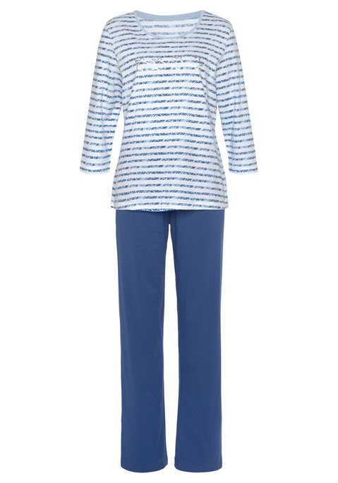 Bild: Pyjama von Vivance Dreams by Lascana: Pyjama mit 2-farbigem Streifendruck und Foliendruck vorn Aus reiner Baumwolle.