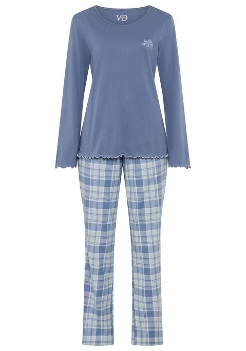Bild: Pyjama von Vivance Dreams by Lascana: Komfortabler Pyjama von Vivance Dreams mit karierter Flanellhose. Unifarbenes Langarmshirt mit Babylock Säumen, Rundhalsausschnitt und kleinem Frontdruck. Hose mit elastischem Tunnelzugbund und Eingrifftaschen. Weiche Single-Jersey und Flanell-Qualität aus reiner Baumwolle.