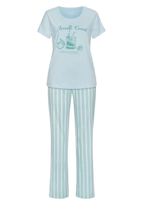 Bild: Pyjama von Vivance Dreams by Lascana: Pyjama von Vivance Dreams. Kurzarmshirt mit Rundhalsausschnitt und Motivprint vorn. Schmal geschnittene, gestreifte Hose mit elastischem Tunnelzugbund und Eingrifftaschen. Trageangenehme Baumwollqualität.