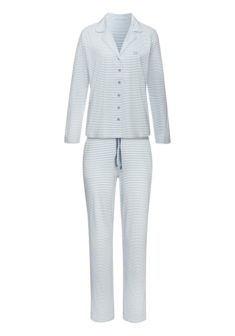 Bild: Pyjama von Vivance Dreams by Lascana: Pyjama von Vivance Dreams mit Querstreifen. Langärmeliges Oberteil mit Reverskragen, durchgehender Knopfleiste und Logostickerei auf der Brust. Lange Hose mit elastischem Tunnelzugbund und seitlichen Eingrifftaschen.  Trageangenehme Baumwollmischung.