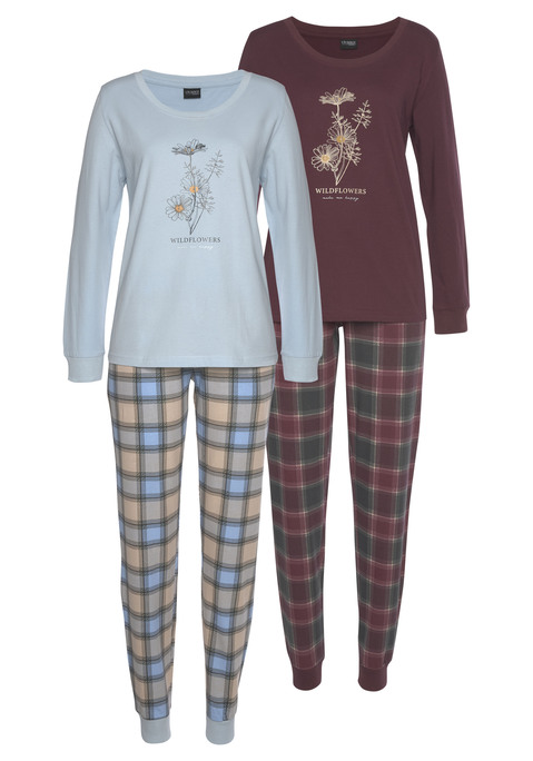 Bild: Pyjama von Vivance Dreams by Lascana: Schlafangzug im 2er-Pack von Vivance Dreams. Langarmshirt mit Druck vorn, Rundhalsausschnitt und Bündchen an den Ärmelabschlüssen. Hose mit Alloverprint. Elastischer Kordelzugbund und Rippbündchen an den Beinen. Weiche Single-Jersey-Qualität aus 100% Baumwolle.
