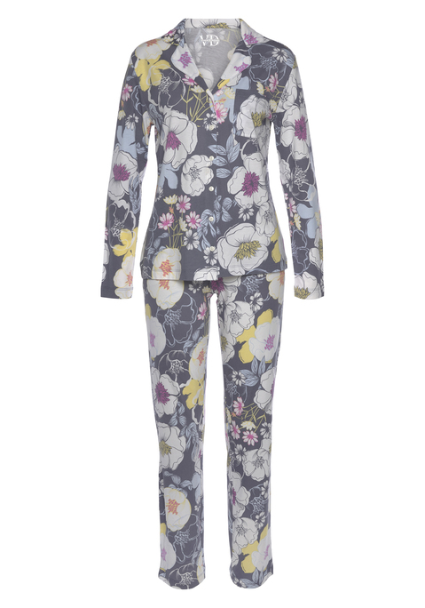 Bild: Pyjama von Vivance Dreams by Lascana: Klassischer Pyjama von Vivance Dreams. Mit schönem Allover-Print. Langarmshirt mit Reverskragen, Brusttasche und durchgehender Knopfleiste. Lange Hose mit elastischem Tunnelzugbund und seitlichen Eingriffstaschen. Weiche Single Jersey-Qualität aus Baumwoll-Viskosemix.