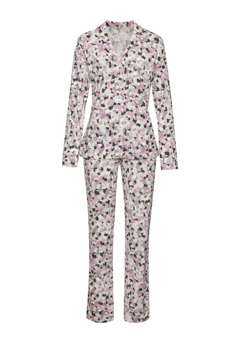 Bild: Pyjama von Vivance Dreams by Lascana: Klassischer Pyjama von Vivance Dreams mit Alloverprint, Reverskragen, aufgesetzter Brusttasche und durchgehender Knopfleiste. Lange Hose mit seitlichen Eingrifftaschen und Tunnelzugbund. Angenehme Baumwoll-Viskosequalität.
