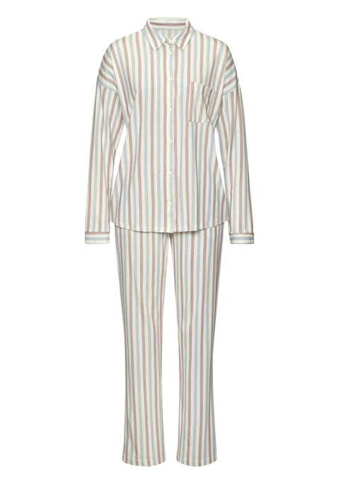 Bild: Pyjama von Vivance Dreams by Lascana: Klassischer Pyjama von Vivance Dreams mit Alloverprint. Langärmeliges Shirt mit Umlegekragen, Knopfleiste und Brusttasche. Schlupfhose mit Gummibund und Taschen. Figurumspielende Passform. Jerseyware aus 50% Baumwolle und 50% Viskose.
