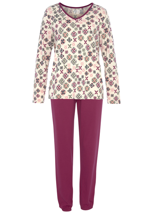 Bild: Pyjama von Vivance Dreams by Lascana: Pyjama mit allover Langarmshirt mit V-Ausschnitt. Lange schlichte Hose mit Gummibund. Angenehme Qualität aus 60% Baumwolle, 40% Polyester.