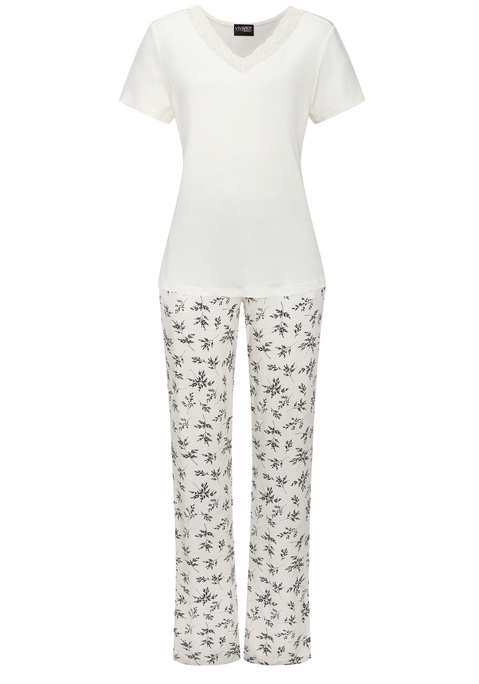 Bild: Pyjama von Vivance Dreams by Lascana: Pyjama von Vivance Dreams. Unifarbenes T-Shirt mit Spitzenbesatz am V-Ausschnitt. Lange Hose mit floralem Alloverprint, elastischem Tunnelzugbund, seitlichen Eingrifftaschen. Trageangenehme Viskosequalität.
