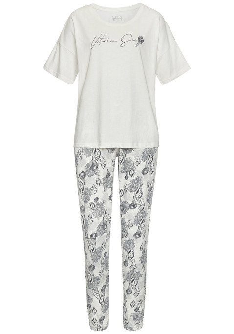 Bild: Pyjama von Vivance Dreams by Lascana: Schlafanzug von Vivance Dreams. Unifarbenes T-Shirt mit Schriftzugprint. Rundhalsausschnitt. Allover bedruckte Hose mit elastischem Tunnelzugbund, seitlichen Eingrifftaschen und elastischen Beinabschlüssen. Weicher Baumwoll-Mix.