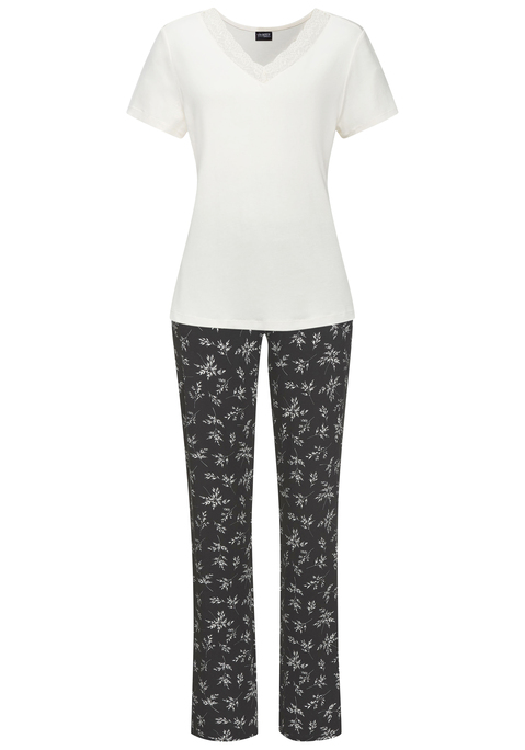 Bild: Pyjama von Vivance Dreams by Lascana: Pyjama von Vivance Dreams. Unifarbenes T-Shirt mit Spitzenbesatz am V-Ausschnitt. Lange Hose mit floralem Alloverprint, elastischem Tunnelzugbund, seitlichen Eingrifftaschen. Trageangenehme Viskosequalität.