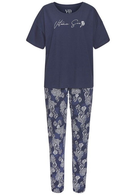 Bild: Pyjama von Vivance Dreams by Lascana: Schlafanzug von Vivance Dreams. Unifarbenes T-Shirt mit Schriftzugprint. Rundhalsausschnitt. Allover bedruckte Hose mit elastischem Tunnelzugbund, seitlichen Eingrifftaschen und elastischen Beinabschlüssen. Weicher Baumwoll-Mix.