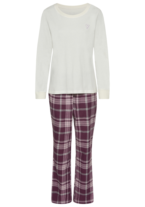 Bild: Pyjama von Vivance Dreams by Lascana: Komfortabler Schlafanzug von Vivance Dreams. Unifarbenes Langarmshirt aus Single-Jersey. mit kleinem Brustprint und Rundhalsausschnitt. Rippbündchen am Halsausschnitt und an den Ärmeln. Karierte Hose. Elastischer Kordelzugbund. Seitliche Eingrifftaschen. Weicher Flanell.