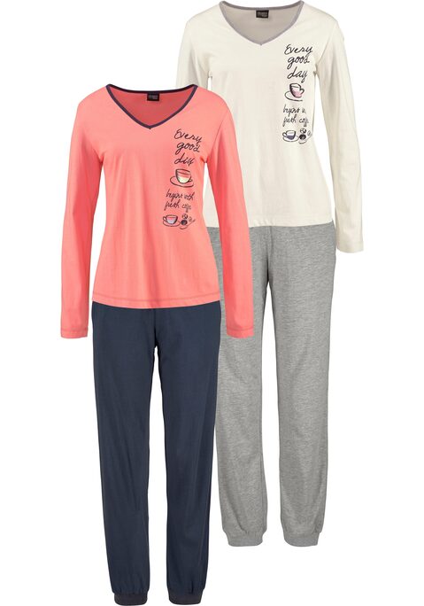 Bild: Pyjama von Vivance Dreams by Lascana: Langarmshirt mit Kontrastpaspel am V-Ausschnitt und schönem Frontdruck links. Lange Hose mit elastischem Rippbund, seitlichen Eingrifftaschen und Rippbündchen an den Beinabschlüssen. Weiche Qualität aus 100% Baumwolle.Melange Hose aus 90% Baumwolle, 10% Polyester.