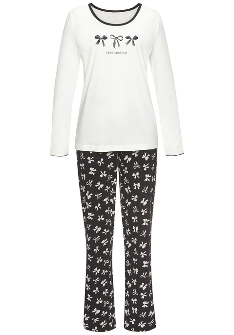 Bild: Pyjama von Vivance Dreams by Lascana: Verspielter Pyjama von Vivance Dreams. Longsleeve mit Print vorn, Rundhalsausschnitt und Kontrastsäumen. Lange Hose mit Alloverprint, Elastikbund mit Tunnelzug und seitlichen Eingrifftaschen. Trageangenehme Baumwollqualität.