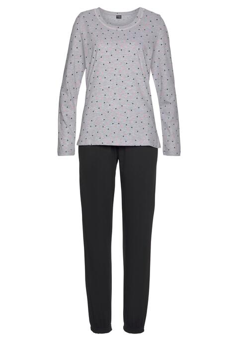 Bild: Pyjama von Vivance Dreams by Lascana: Bedrucktes Langarmshirt mit rundem Ausschnitt. Lange Hose mit Tascheneingriffen, roséfarben abgesetzt. Elastischer Tunnelzugbund in Kontrastfarbe. Elastische Beinsäume.  Aus 100% Baumwolle. Grau Melange aus 90% Baumwolle (unterstützt Cotton made in Africa), 10% Polyester.