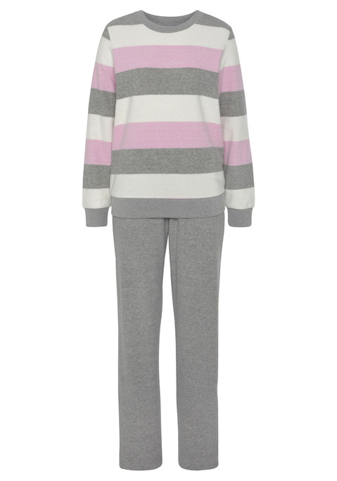 Bild: Pyjama von Vivance Dreams by Lascana: Kuscheliger Frottee-Pyjama von Vivance Dreams. Langarmshirt mit Streifenmuster, Rundhalsausschnitt und breiten Ärmelrippbündchen. Lange Hose mit elastischem Bund und geradem Beinverlauf. Figurumspielende Passform. Von innen weich angeraute Qualität mit hohem Baumwollanteil.