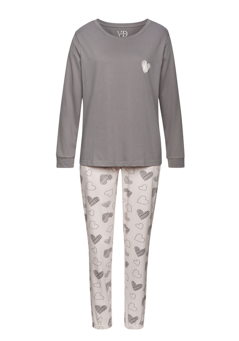 Bild: Pyjama von Vivance Dreams by Lascana: Pyjama von Vivance Dreams . Longsleeve mit Rundhalsausschnitt und Herz-Print. Lange Hose mit elastischem Tunnelzugbund und seitlichen Taschen. Bequem geschnitten. Atmungsaktive und pflegeleichter Baumwollmix.
