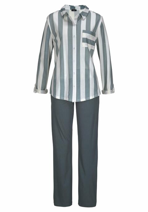 Bild: Pyjama von Vivance Dreams by Lascana: Gestreiftes Oberteil im Hemdblusenlook mit Kragen, durchgehender Knopfleiste und Brusttasche. Lange Hose mit gestreiftem, elastischem Tunnelzugbund und seitlichen Taschen. Gerade geschnittene Beine.  Softe Single-Jersey-Qualität aus 100% Baumwolle (unterstützt Cotton made in Africa).